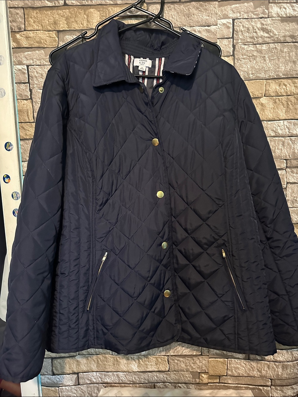 crown & ivy Quilted Navy Puffer Jacket with Gold-Tone Snaps